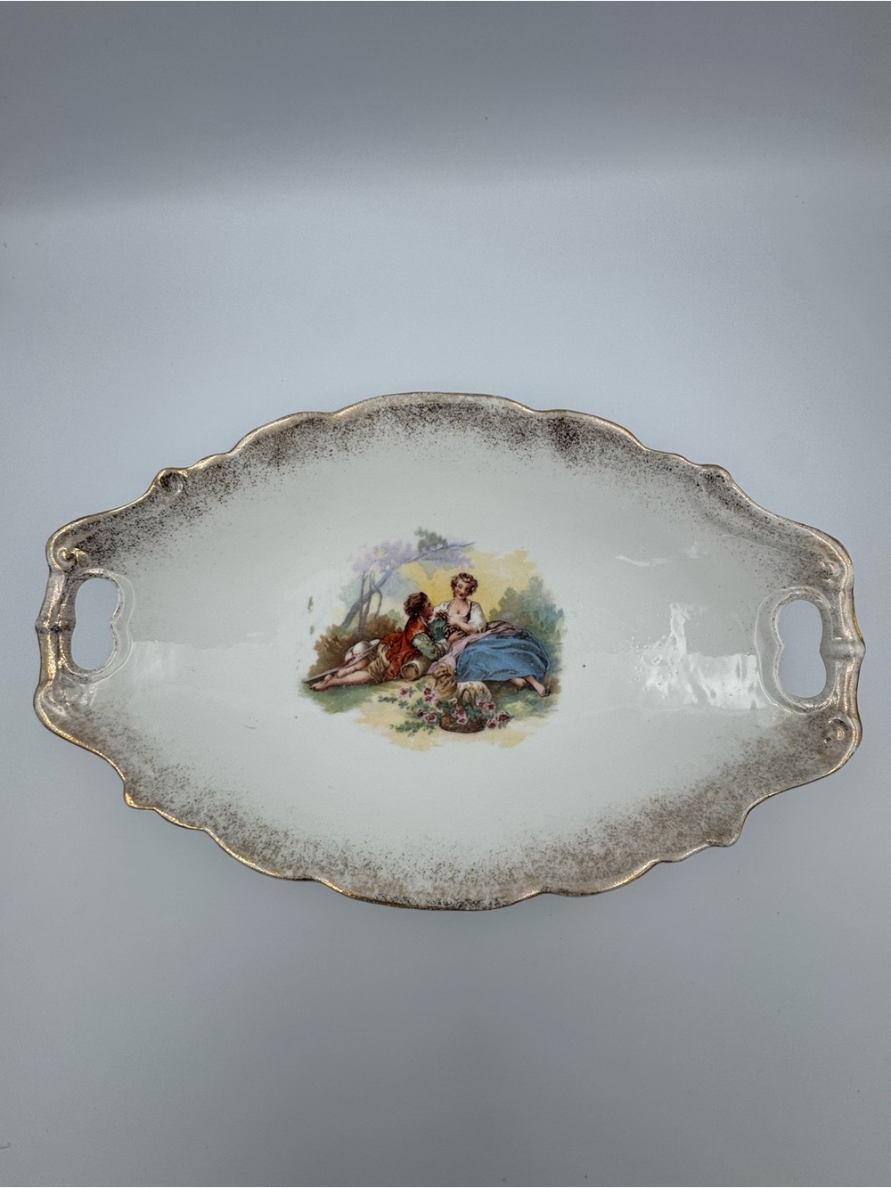Vintage Romantic Courting Scene Serving Bowl Tray Gold Gilt Handles 13"